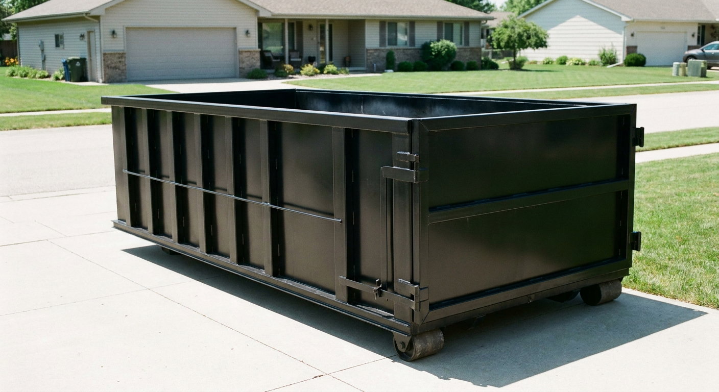 Matte-black 10-yard roll-off dumpster on a residential concrete driveway in Marysville, uniformly painted matte black across every panel and rail, ribbed steel sidewalls and rear swing door visible, mid-day daylight.