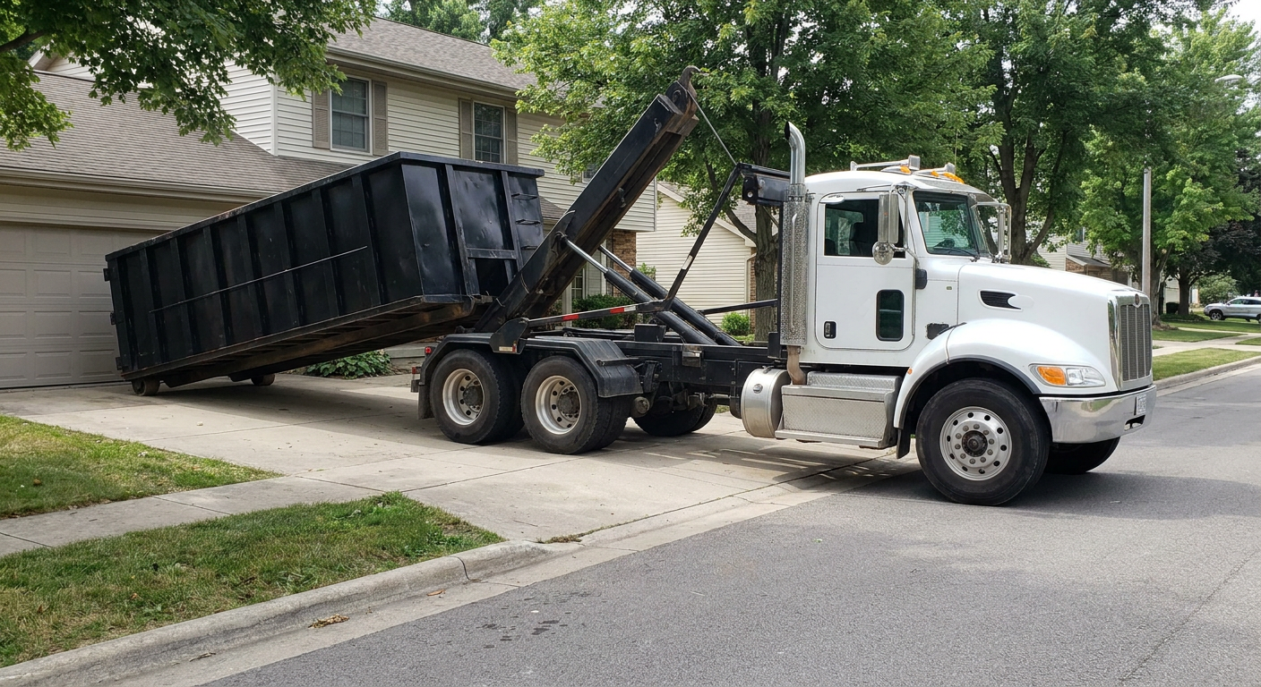 White-cab hooklift roll-off truck actively lowering a matte-black dumpster onto a Marysville residential concrete driveway, the dumpster's rear wheels touching the driveway as the hoist arm tilts the bed forward, mid-morning daylight.