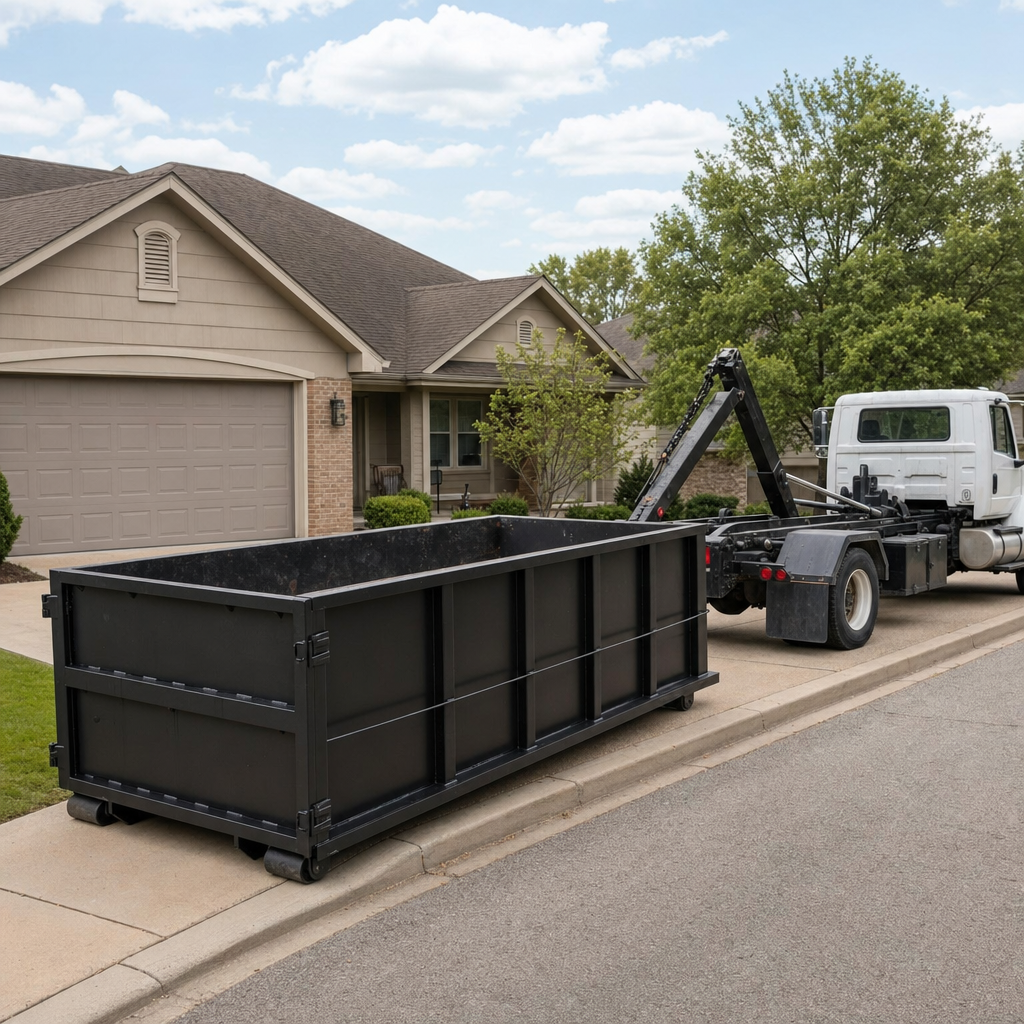 Wide documentary shot of a matte-black roll-off dumpster on a Marysville residential driveway in the foreground and a contractor jobsite container in the soft-focus background, bright daylight, calm and orderly composition.