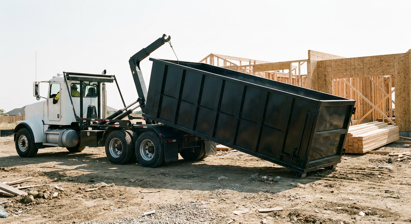 Matte-black roll-off dumpster being delivered onto a clean residential concrete driveway in Marysville by an unmarked white hooklift hauler truck, bright morning daylight, documentary 35mm perspective.